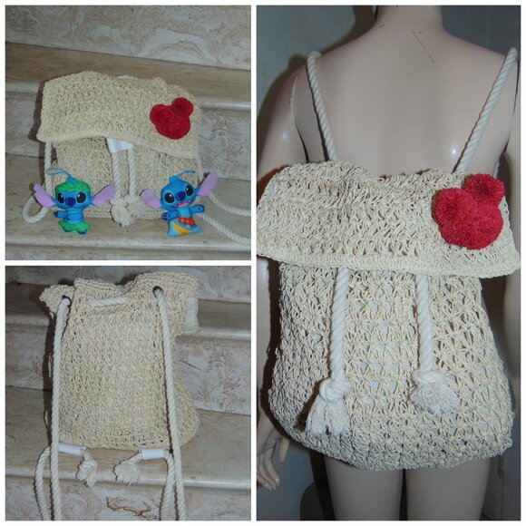 Disney X Junk Food Macrame Backpack Straw Red Mickey Puff + 2 Lilo Stitch Puffs - Picture 1 of 10